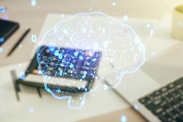 Dubbel exponering av kreativ mänsklig hjärna mikrokrets hologram på miniräknare och PC bakgrund. Framtida teknik och AI-koncept — Stockfoto