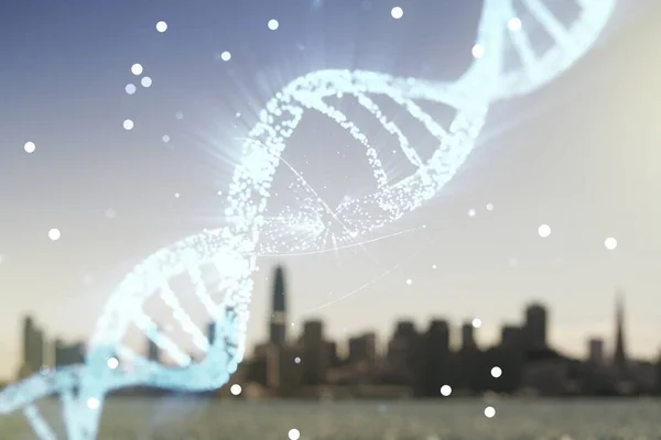 Illustrazione del simbolo del DNA virtuale sullo sfondo sfocato dello skyline. Concetto di ricerca genomica. Multiesposizione — Foto Stock