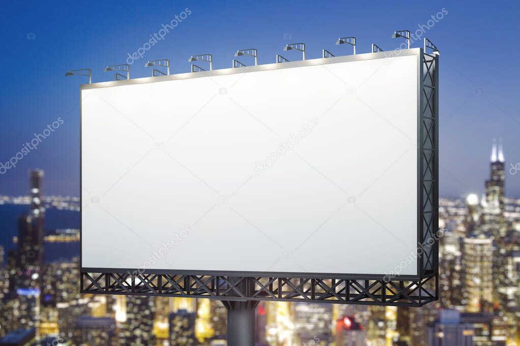 Blank white billboard on cityscape background at evening, perspective view. Mock up, advertising concept