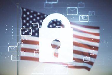 ABD bayrağı ve mavi gökyüzü arka planında soyut sanal kilit sembolü ve posta zarfları çizimi. Koruma ve güvenlik duvarı konsepti. Çoklu pozlama