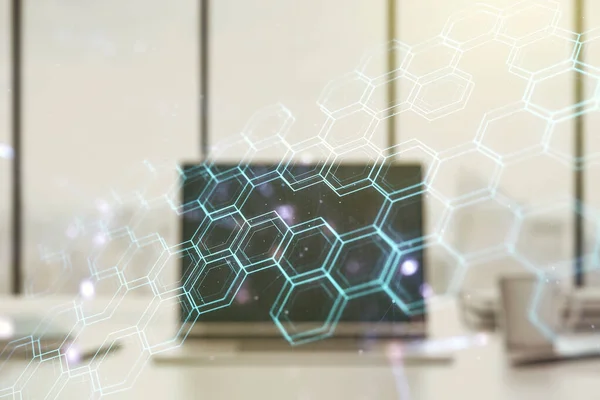 Kreativt koncept av trådlös teknik med hexagon hologram på modern bärbar bakgrund. Stordata och databaskoncept. Multiexponering — Stockfoto