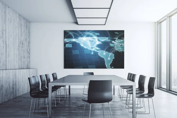 Carte du monde numérique abstraite avec connexions sur moniteur de présentation dans une salle de conférence moderne, Big Data et concept blockchain. Rendu 3D — Photo