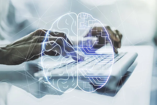Double exposure of creative human brain microcircuit with hand typing on computer keyboard on background. Future technology and AI concept — Stock Photo, Image