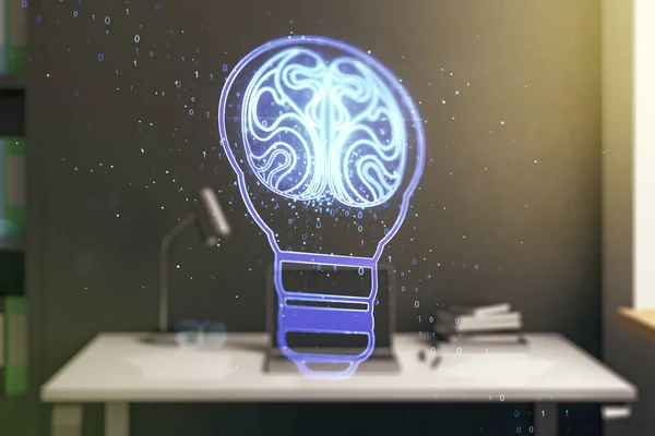 Kreativ idé koncept med glödlampa och mänsklig hjärna illustration och modernt skrivbord med dator på bakgrunden. Neurala nätverk och maskininlärning koncept. Multiexponering — Stockfoto