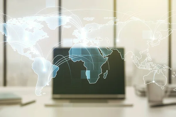 Mapa del mundo digital gráfico abstracto con conexiones en el fondo de la computadora moderna, concepto de globalización. Multiexposición — Foto de Stock