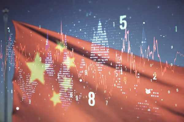 Мульти-експозиція віртуального абстрактного фінансового інтерфейсу на китайському прапорі і заході неба, фінансова і торговельна концепція — стокове фото