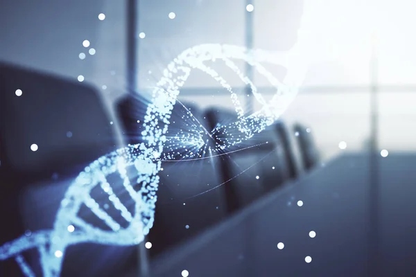 DNA hologram on a modern coworking room background, science and biology concept. Multiexposure — Foto Stock