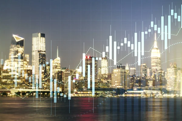 맨해튼 도시 배경의 가상 추상 금융 그래프 인터페이스의 다중 노출, 금융 및 무역 개념 — 스톡 사진