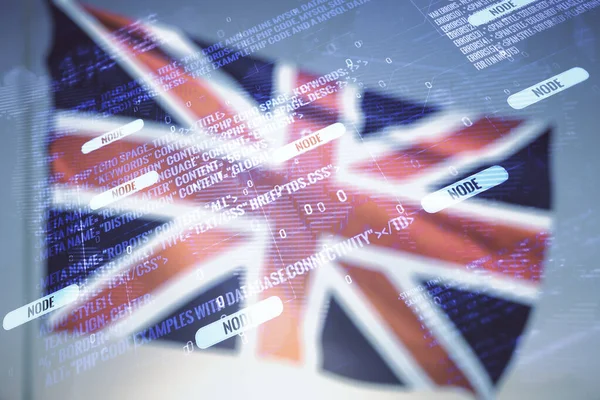 Abstract virtual coding illustration and world map on British flag and sunset sky background, international software development concept. Multiexposição — Fotografia de Stock
