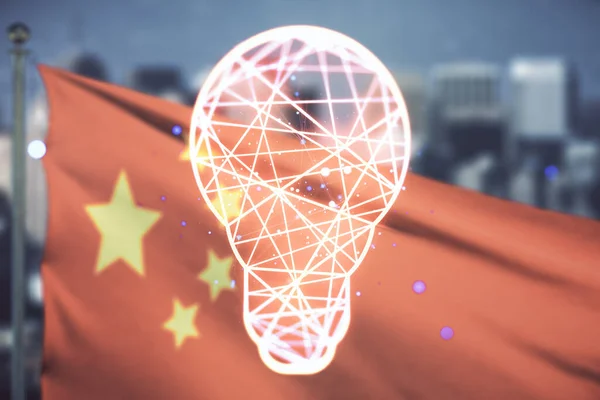 Virtual Idea concept with light bulb illustration on Chinese flag and skyline background. Multiexposure — Stock Photo, Image