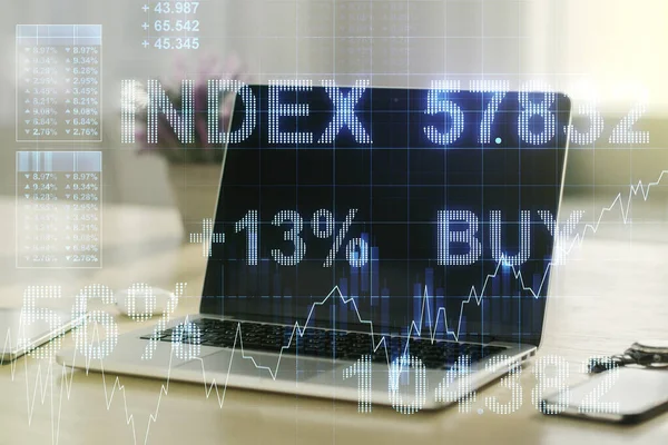 Dubbele belichting van abstract creatief financieel diagram op moderne laptop achtergrond, bank- en boekhoudconcept — Stockfoto