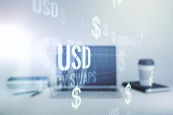 現代のコンピュータの背景、外国為替および通貨の概念に創造的なユーロドル記号のイラスト。多重露光 — ストック写真