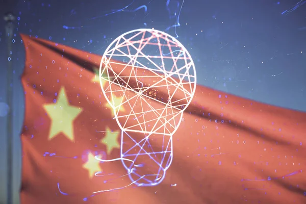 Абстрактная виртуальная лампочка на флаге Китая и синем фоне неба, концепция идеи. Мультиэкспозиция — стоковое фото