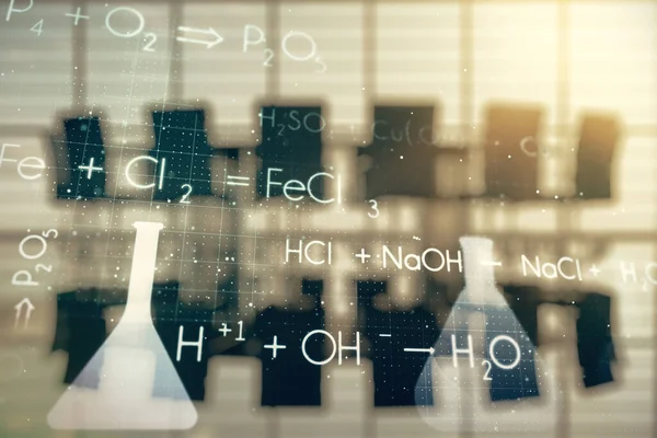 Holograma de química creativa en un fondo moderno de la sala de juntas, concepto de investigación farmacéutica. Multiexposición — Foto de Stock