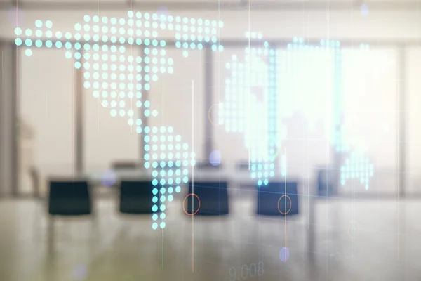 Multi exposure of abstract creative digital world map hologram on a modern conference room background, tourism and traveling concept — Stock Photo, Image