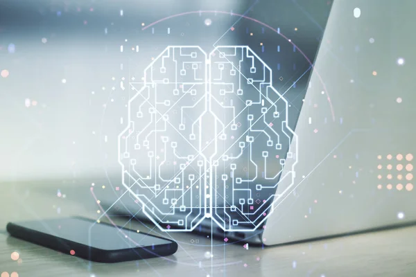 Dubbel exponering av kreativ artificiell intelligens symbol med modern bärbar dator på bakgrunden. Neurala nätverk och maskininlärningskoncept — Stockfoto
