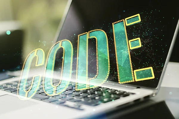 Creatieve code woord hologram op moderne computer achtergrond, kunstmatige intelligentie en neurale netwerken concept. Meervoudige blootstelling — Stockfoto