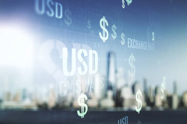 ぼやけたスカイラインの背景に仮想USDシンボルイラスト。取引と通貨の概念。多重露光 — ストック写真