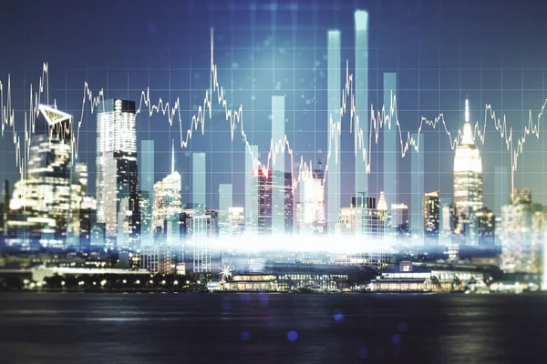 曼哈顿城市景观背景、金融和贸易概念虚拟抽象财务图接口的多重暴露 — 图库照片