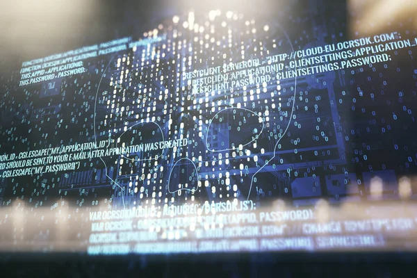Kode kreatif virtual abstrak tengkorak hologram di pusat bisnis kontemporer latar belakang eksterior, pencurian data pribadi dan konsep malware. Multieksposur — Stok Foto