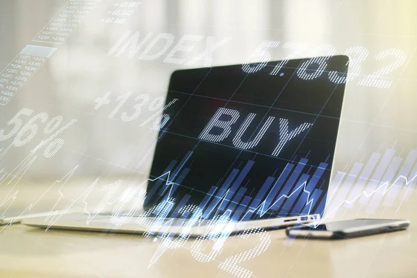 Multiexposure van abstract creatief financieel grafiek op moderne computer achtergrond, forex en investeringsconcept — Stockfoto