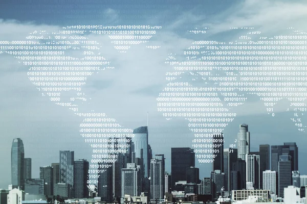 Abstrakcyjny kreatywny interfejs mapy świata na tle nieba Los Angeles, międzynarodowa koncepcja handlowa. Wieloskładnikowa — Zdjęcie stockowe