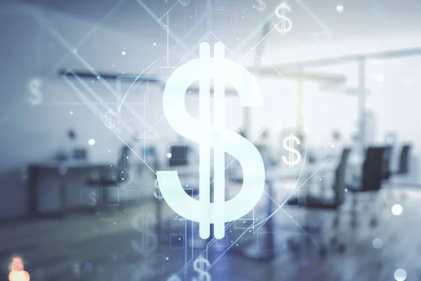 現代の企業のオフィスの背景に仮想米ドル記号ホログラムの二重暴露。銀行・投資の概念 — ストック写真
