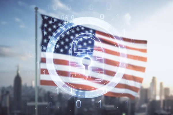 Virtuální kreativní náčrt zámku s čipovým hologramem na pozadí americké vlajky a siluety, ochrana konceptu osobních údajů. Multiexpozice — Stock fotografie