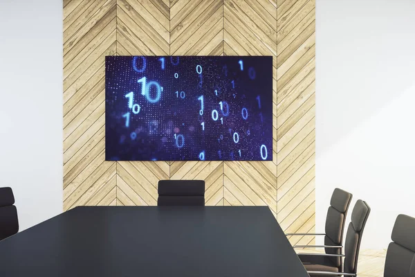 Kreatywny abstrakcyjny szkic kodu binarnego na monitorze prezentacji w nowoczesnej sali konferencyjnej, hakerskiej i matrycowej koncepcji. Renderowanie 3D — Zdjęcie stockowe