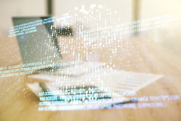 アブストラクト仮想コードの頭蓋骨のホログラムぼやけた計算機とコンピュータの背景、サイバー犯罪とハッキングの概念。多重露光 — ストック写真