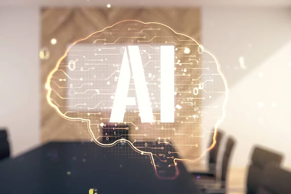 Wirtualny kreatywny hologram sztucznej inteligencji z ludzkim szkicem mózgu na nowoczesnym tle sali konferencyjnej. Wieloskładnikowa — Zdjęcie stockowe