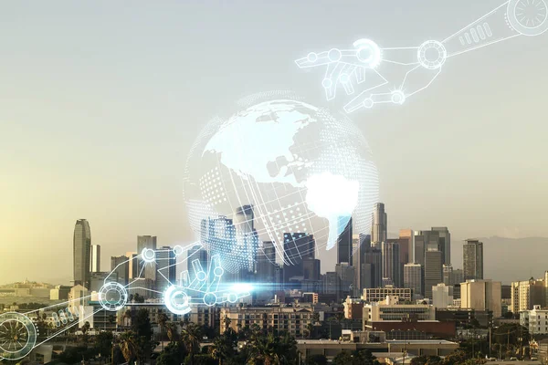 Holograma de tecnologia robótica virtual abstrato com globo no fundo da paisagem urbana de Los Angeles, inteligência artificial e conceito de aprendizado de máquina. Exposição múltipla — Fotografia de Stock