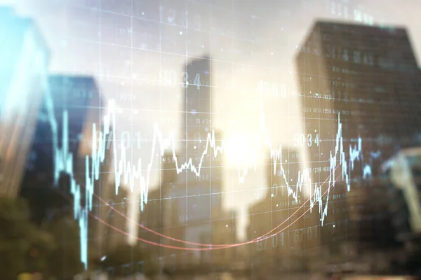 Mehrfachbelichtung abstrakter Finanzdiagramme über den Hintergrund von Bürogebäuden, Forschungs- und Analysekonzept — Stockfoto