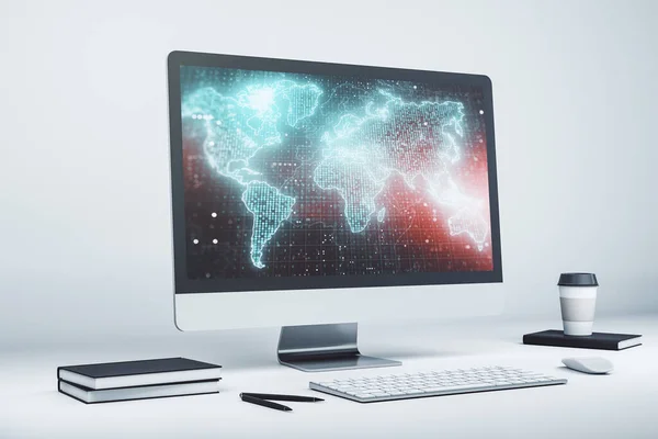 Modern datorskärm med abstrakt grafisk världskarta, big data och nätverkskoncept. 3D-återgivning — Stockfoto