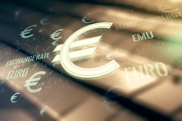 Virtuální symboly EURO ilustrují abstraktní kovové pozadí, forex a měnový koncept. Multiexpozice — Stock fotografie