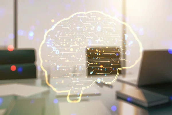 Kreativ artificiell intelligens koncept med mänsklig hjärna hologram och modernt skrivbord med dator på bakgrunden. Multiexponering — Stockfoto