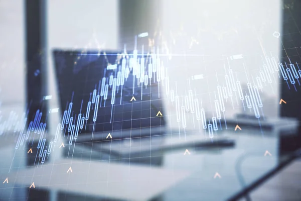 Exposición múltiple del diagrama financiero abstracto con el mapa del mundo en el fondo del ordenador, la banca y el concepto de contabilidad —  Fotos de Stock