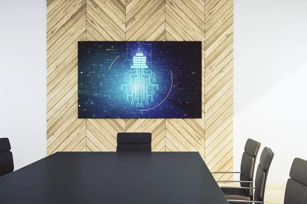 최신 프레젠테이션 룸, 미래 기술 컨셉 의 TV 화면에 마이크로 회로가 포함된 창 백 전구 삽화. 3D 렌더링 — 스톡 사진