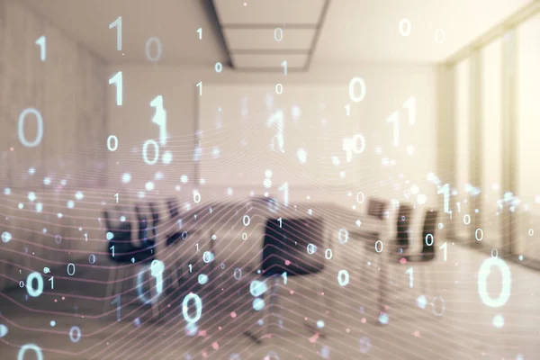 Holograma de código binario virtual abstracto en un moderno fondo de sala de coworking, IA y concepto de aprendizaje automático. Multiexposición — Foto de Stock