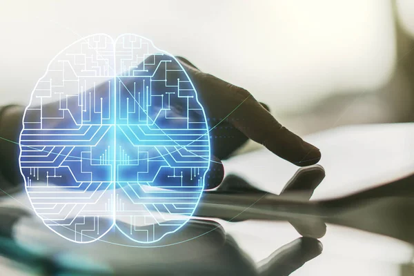 Kreatywna koncepcja sztucznej inteligencji z ludzkim szkicem mózgu i naciśnięciami palców na tablecie cyfrowym na tle. Podwójna ekspozycja — Zdjęcie stockowe