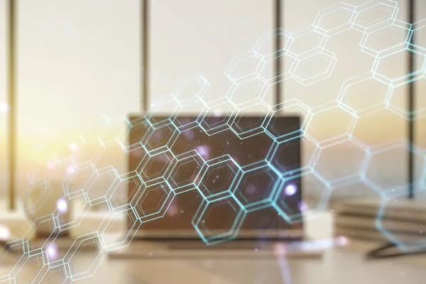 Dubbel exponering av teknik hologram med hexagon på laptop bakgrund. Programvara för forskning och utveckling — Stockfoto