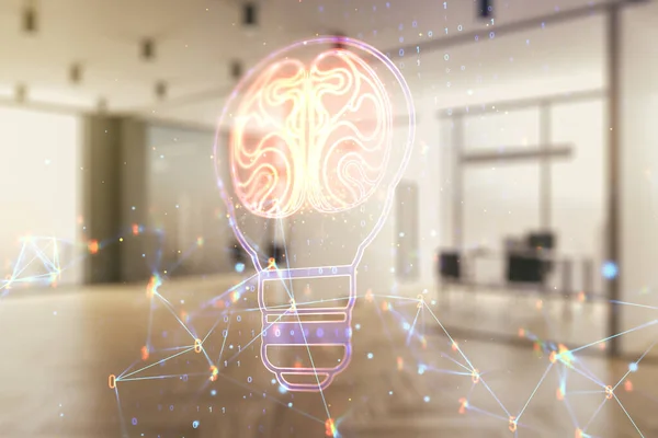 Dupla exposição do holograma criativo virtual abstrato da lâmpada com cérebro humano no fundo corporativo moderno do escritório, ideia e conceito do brainstorming — Fotografia de Stock