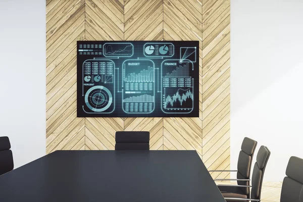 Creative statistics data hologram on presentation tv screen in a modern meeting room, stats and analytics concept. 3D Rendering — Stock Photo, Image