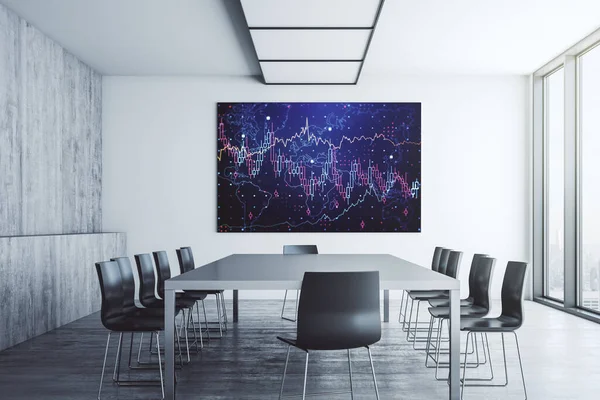 Graphique financier abstrait sur écran de télévision dans une salle de présentation moderne, concept de finance et de trading. Rendu 3D — Photo