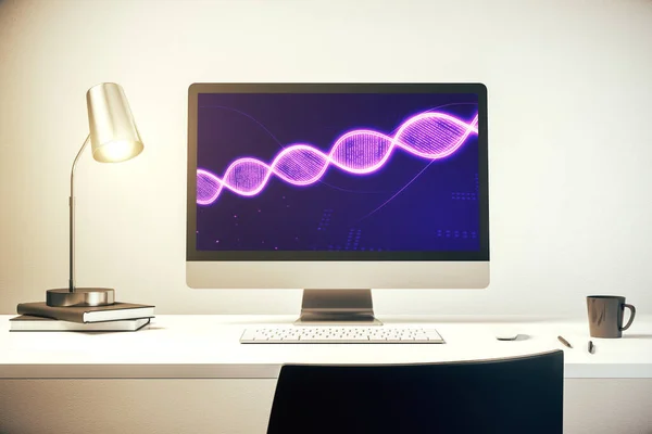 Conceito criativo com ilustração de símbolo de DNA na tela do laptop moderno. Conceito de pesquisa de genoma. Renderização 3D — Fotografia de Stock