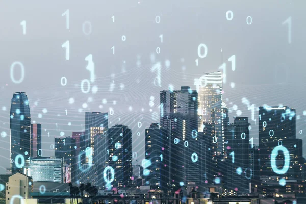 Abstract virtual binary code illustration on Los Angeles skyline background. Big data e conceito de codificação. Multiexposição — Fotografia de Stock