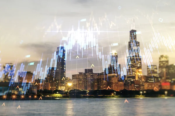Soyut yaratıcılık haritası hologramı ve Chicago şehrinin gökdelenlerinin arka planı, araştırma ve strateji konsepti üzerine dünya haritasına çifte maruz kalma — Stok fotoğraf