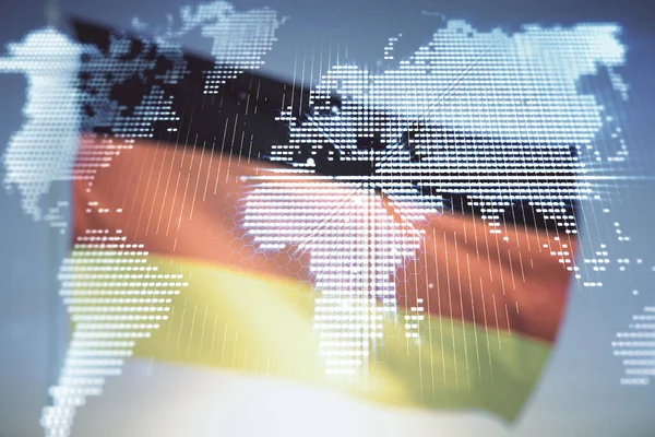 Abstract creatieve wereld kaart interface op de vlag van Duitsland en zonsondergang hemel achtergrond, internationale handel concept. Meervoudige blootstelling — Stockfoto