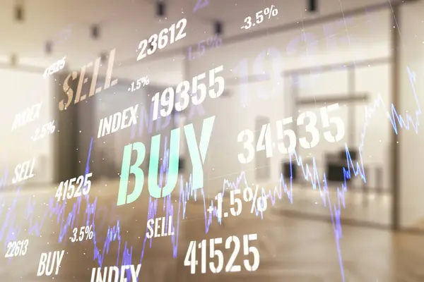 Multi esposizione di interfaccia grafico finanziario astratto virtuale su uno sfondo moderno aula arredata, concetto finanziario e di trading — Foto Stock