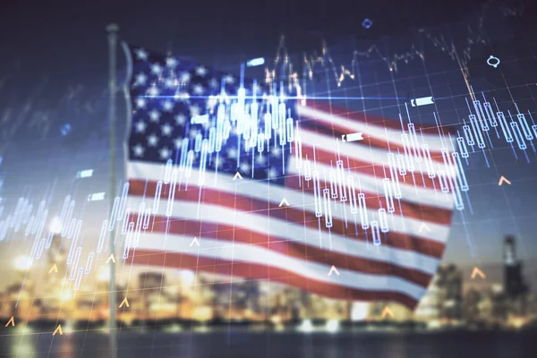 Wielokrotne narażenie wirtualnego abstrakcyjnego hologramu wykresu finansowego i mapy świata na tle flagi USA i panoramy, koncepcja finansowa i handlowa — Zdjęcie stockowe